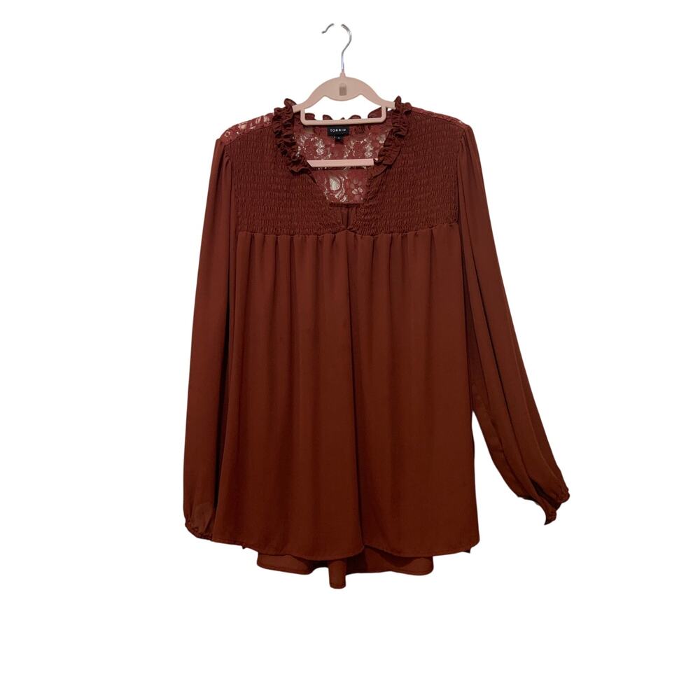 Torrid Blouse Size 3XL Burgundy Rust Lace Yoke Smocked Chiffon Overlay Top